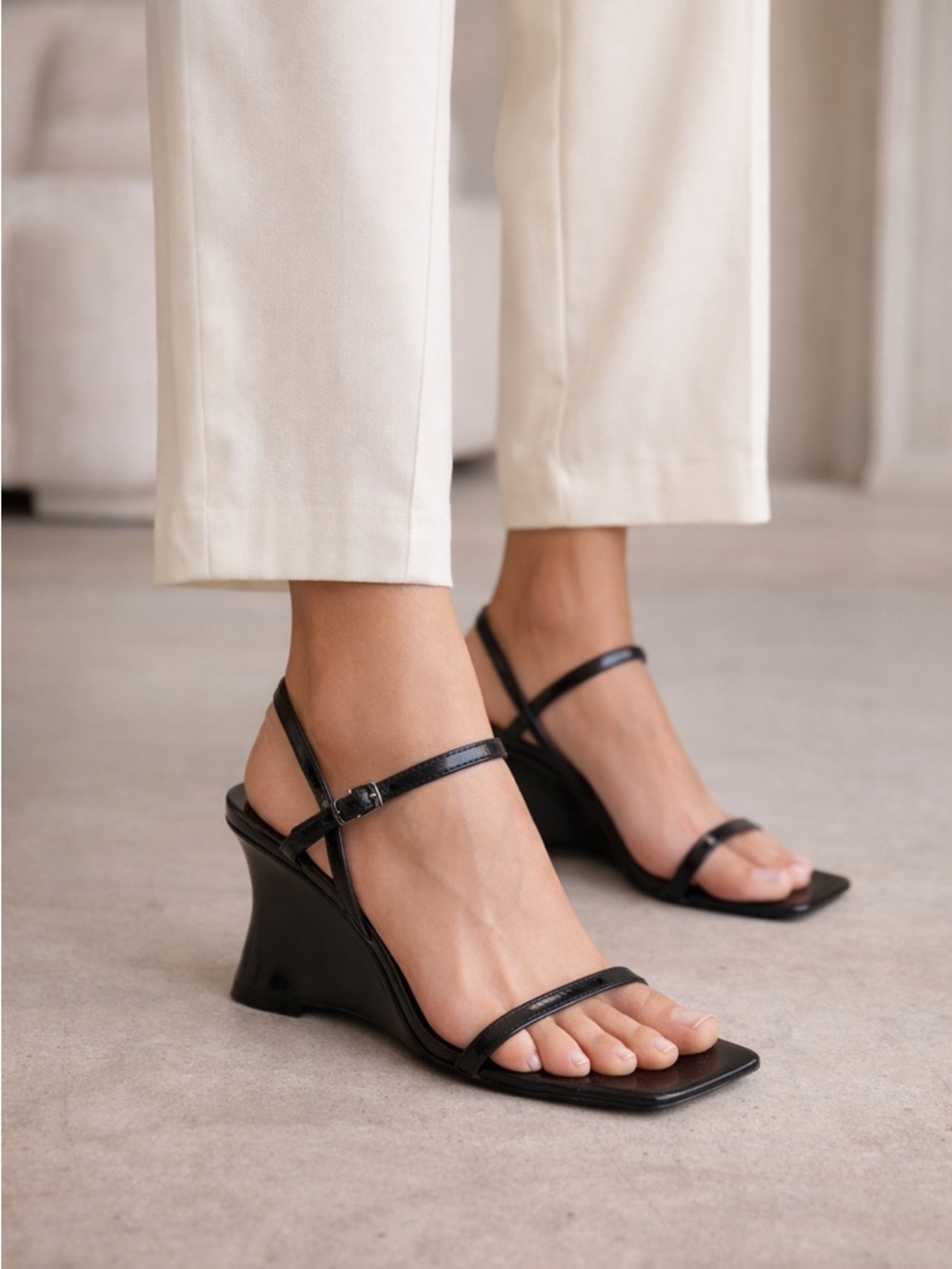 Oak + Fort Black Sculptural Heel Sandals Size 7 Minimal Square Toe